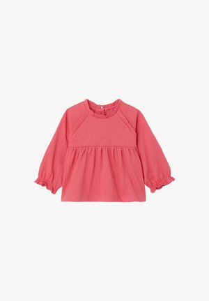 Korallefarbener Langarm-Top aus strukturierter Stoff, mit gerafftem Rundhalsausschnitt, Rüschensaum und lockerer Passform mit schichtigem Design.