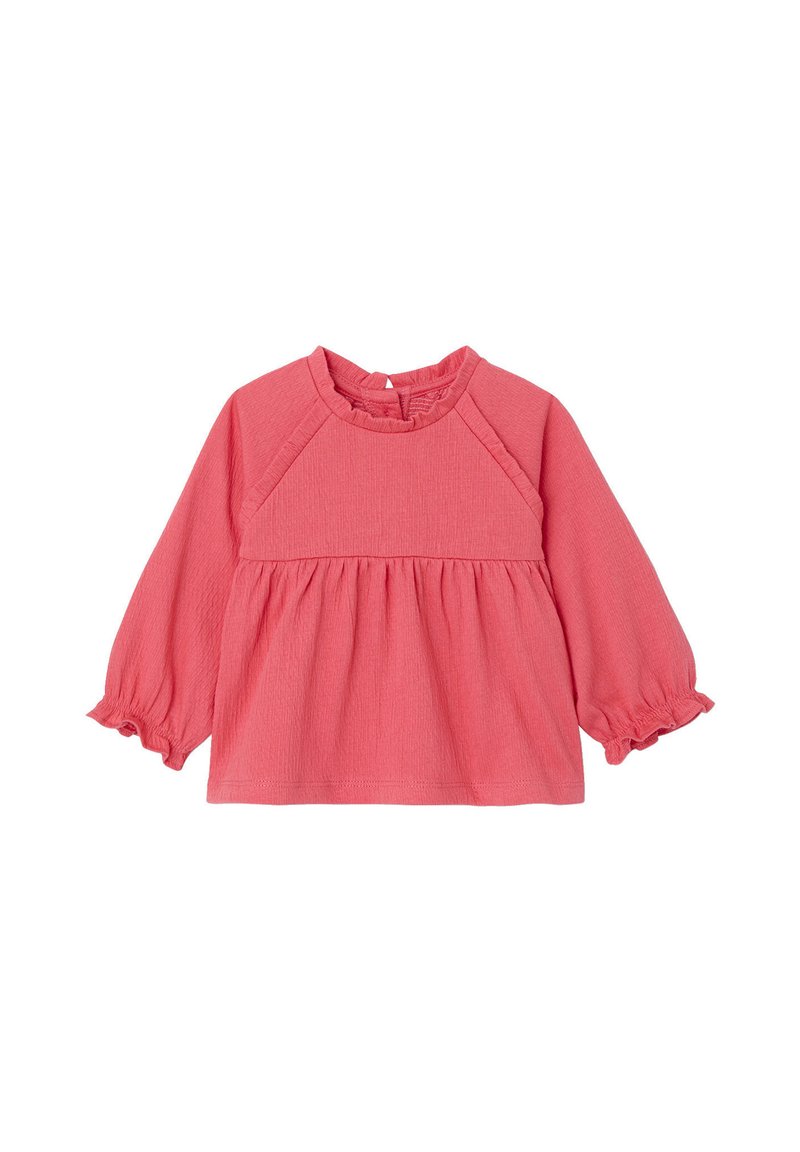 Korallefarbener Langarm-Top aus strukturierter Stoff, mit gerafftem Rundhalsausschnitt, Rüschensaum und lockerer Passform mit schichtigem Design.