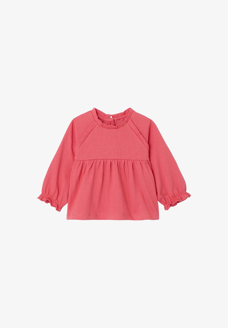 Korallefarbener Langarm-Top aus strukturierter Stoff, mit gerafftem Rundhalsausschnitt, Rüschensaum und lockerer Passform mit schichtigem Design.