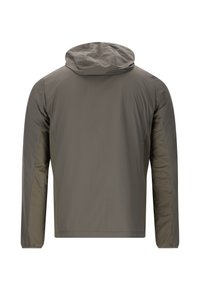 Huvtröja i dämpad grå, med en slät yta och kontrasterande sidopanels, designad för lätt och ventilerande bärande.