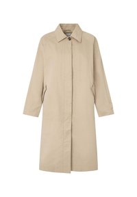 Beige kabát s překlopením, rovného střihu, dlouhými rukávy, límečkovým výstřihem, skrytým zapínáním na knoflíky vpředu a bočními kapsami.