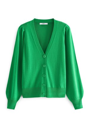 Cardigan vert en tissu tricoté doux. Il présente un col en V, de longues manches bouffantes et six boutons assortis sur le devant.