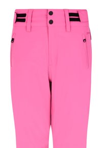 Roze skijaške hlače s glatkom teksturom, s ravnim pojasom, dva prednja džepa na zatvaranje, te crnim čičak trakama na pojasu.