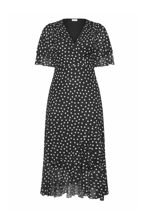 Robe midi noire à pois blancs, col en V, manches volantées et ourlet asymétrique à volants.