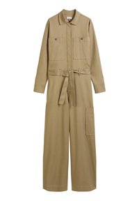 Beige Overall mit langen Ärmeln, Kragen und zwei Brusttaschen. Verfügt über einen gebundenen Taillengürtel und ein weites Bein Design, gefertigt aus einem weichen Baumwollmix.