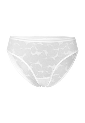 Slip bianco in pizzo con un motivo floreale, vita liscia e morbida al tatto. Progettato per il comfort e una copertura modesta.