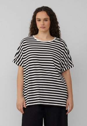 Schwarz-weißer gestreifter T-Shirt mit rundem Halsausschnitt, kurzen Ärmeln und lockerer Passform. Hergestellt aus einem weichtexturierten Stoff.