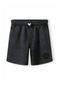 Svarta fleece-shorts med elastisk midja, sidofickor och en texturerad logodetalj på den nedre fållen.