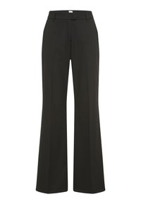 Zwarte wijde broek met een gladde textuur, klassieke tailleband en riemlussen. Voorzien van steekzakken aan de voorkant en een getailleerd ontwerp.