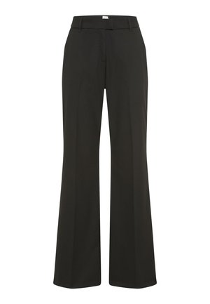 Schwarze Hose mit weitem Bein, glatter Textur, klassischem Bund und Gürtelschlaufen. Verfügt über Vordertaschen und ein maßgeschneidertes Design.