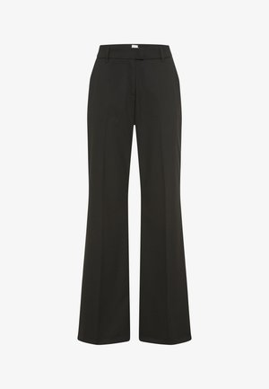 Pantaloni neri a gamba larga con trama liscia, vita classica e passanti per cintura. Presentano tasche frontali e un design sartoriale.