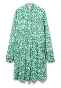 Grünes Kleid mit weißem Blattmuster, langen Ärmeln, durchgehender Knopfleiste, gerafftem Bund und weichem Stofftexture.