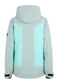 Helle graue Jacke mit Kapuze, die große türkisfarbene Einsätze auf dem Rücken und an den Seiten aufweist, verstellbare Bündchen und eine glatte, strukturierte Oberfläche hat.