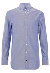 Camicia azzurra con colletto, maniche lunghe e bottoni bianchi, realizzata in un tessuto testurizzato. Presenta un piccolo logo sul petto.