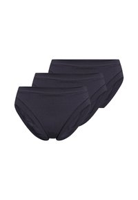 Tre par kvindelige trusser i mørkegrå, med en glat stof, klassisk snit og diskret detaljering af elastisk talje.