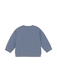 Hellblaues Sweatshirt, runder Ausschnitt, lange Ärmel, gerippte Bündchen und Saum. Weiche Textur, minimalistisches Design, keine sichtbaren Muster oder Beschläge.