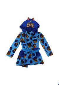 Blue fleece bathrobe featuring a hood with ears, decorated with cartoon dog faces and star patterns. Includes a matching tie belt.