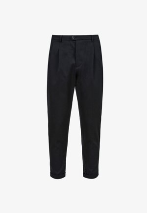 Black trousers made of a smooth fabric, featuring a pleated front, tapered fit, and rolled cuffs. Simple button closure at the waist.