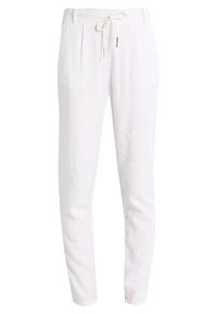 Pantalon de jogging en lin blanc avec taille à cordon, présentant des plis à l'avant et une texture lisse. Design à jambe droite, tissu léger.