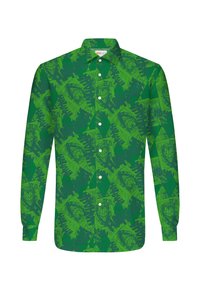 Grünes Langarmhemd mit Knöpfen, bedruckt mit Comic-Stil Joker-Gesichtern und dem Schriftzug "HAHAHA" als Muster über das gesamte Hemd verteilt.