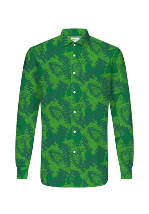 Pikkade varrukatega roheline nööbitav särk koomiksistiilis Kuldvillaku nägudega ja kogu särk on kaetud tekstimustriga "HAHAHA".