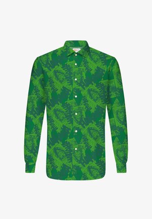 Zeleno srajco z dolgimi rokavi, z gumbi in vzorcem stripovskih Jokerjevih obrazov ter besedilom "HAHAHA" povsod.