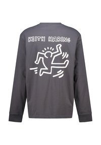 Long-sleeve gray cotton t-shirt featuring a white graphic of a figure in motion and the text "KEITH HARING" above it. Simple design.