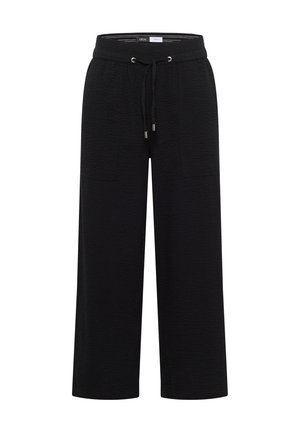 Pantalon noir à jambes larges en tissu texturé, taille élastique, cordon de serrage et poches plaquées à l'avant.