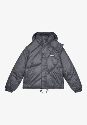 Puffy dark gray jacket with a high neck, elastic cuffs, and drawstring hem. Features distinct diagonal quilted pattern and logo on the chest.