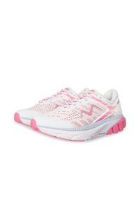 Running shoes featuring a white and pink design with a breathable mesh upper, cushioned sole, and textured detailing on the sides.