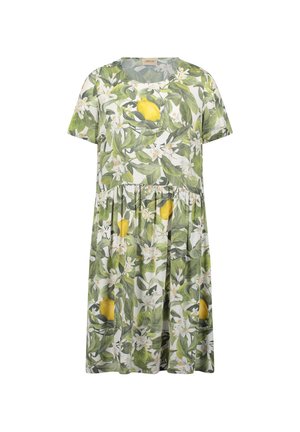 Kurzärmeliges Kleid mit geraffter Taille, mit grünem Blätter-, weißen Blumen- und gelbem Zitronenprint auf hellem Hintergrund.