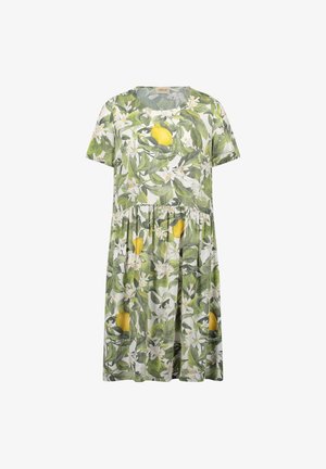 Kurzärmeliges Kleid mit geraffter Taille, mit grünem Blätter-, weißen Blumen- und gelbem Zitronenprint auf hellem Hintergrund.