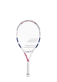 Tennisketsjer med rund hoved, hvid ramme, blå og røde accenter samt et tekstureret hvidt greb. Har et snoretræk med gittermønster.
