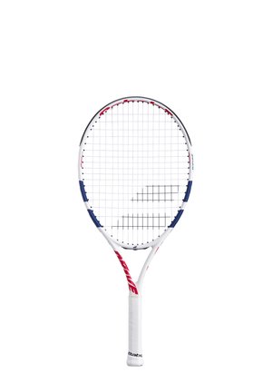 Tennisschläger mit rundem Kopf, weißem Rahmen, blauen und roten Akzenten sowie einem strukturierten weißen Griff. Hat ein bespanntes Gittermuster.