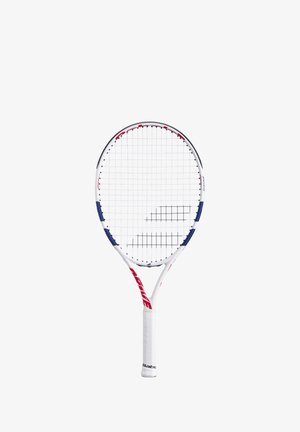 Tennisschläger mit rundem Kopf, weißem Rahmen, blauen und roten Akzenten sowie einem strukturierten weißen Griff. Hat ein bespanntes Gittermuster.