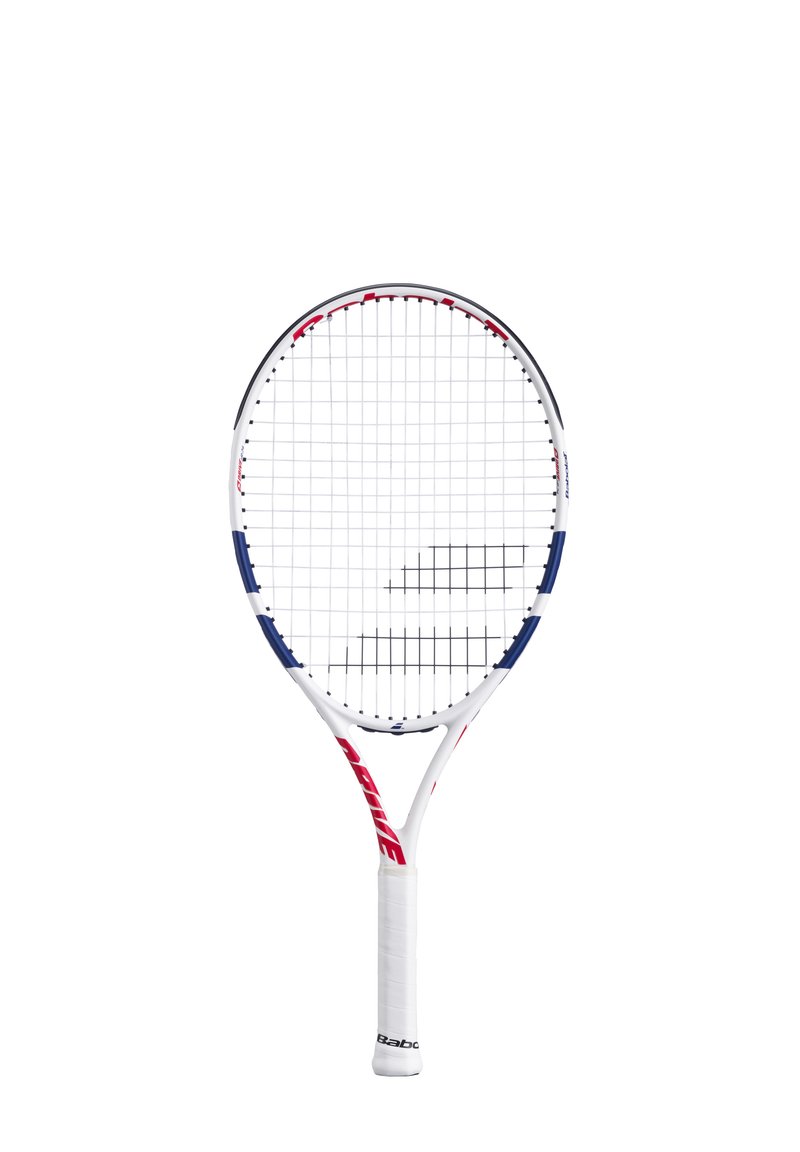 Tennisketsjer med rund hoved, hvid ramme, blå og røde accenter samt et tekstureret hvidt greb. Har et snoretræk med gittermønster.