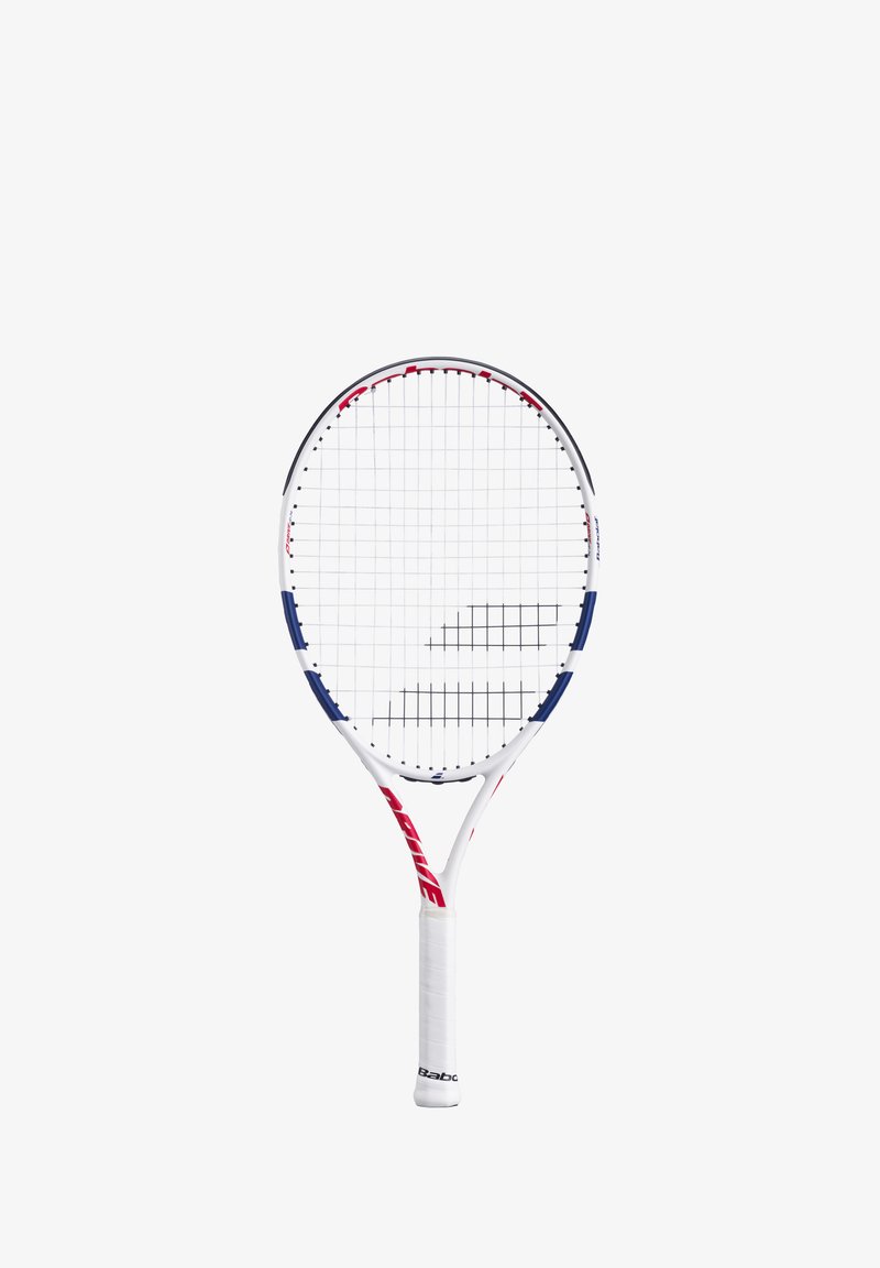 Tennisketsjer med rund hoved, hvid ramme, blå og røde accenter samt et tekstureret hvidt greb. Har et snoretræk med gittermønster.