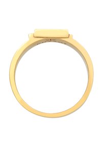 Guldring med en platt, rektangulär topp med släta kanter och polerad finish. Enkel, modern design med en smal ring.