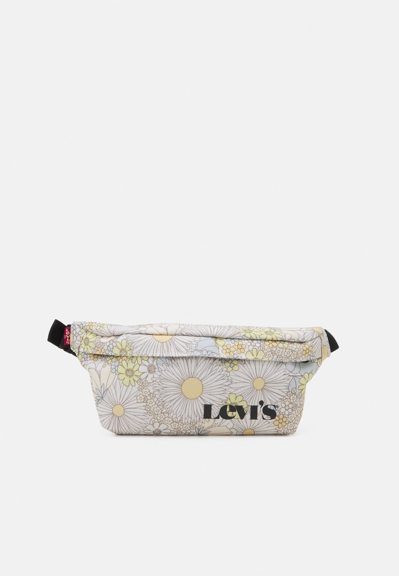Sac banane Levi's avec sangle noire réglable, motif floral pâle de marguerites et logo Levi's sur la poche avant.