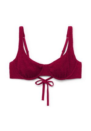 Haut de bikini bordeaux avec un design texturé et côtelé. Dispose de larges bretelles et d'un nœud à l'avant pour un ajustement réglable.