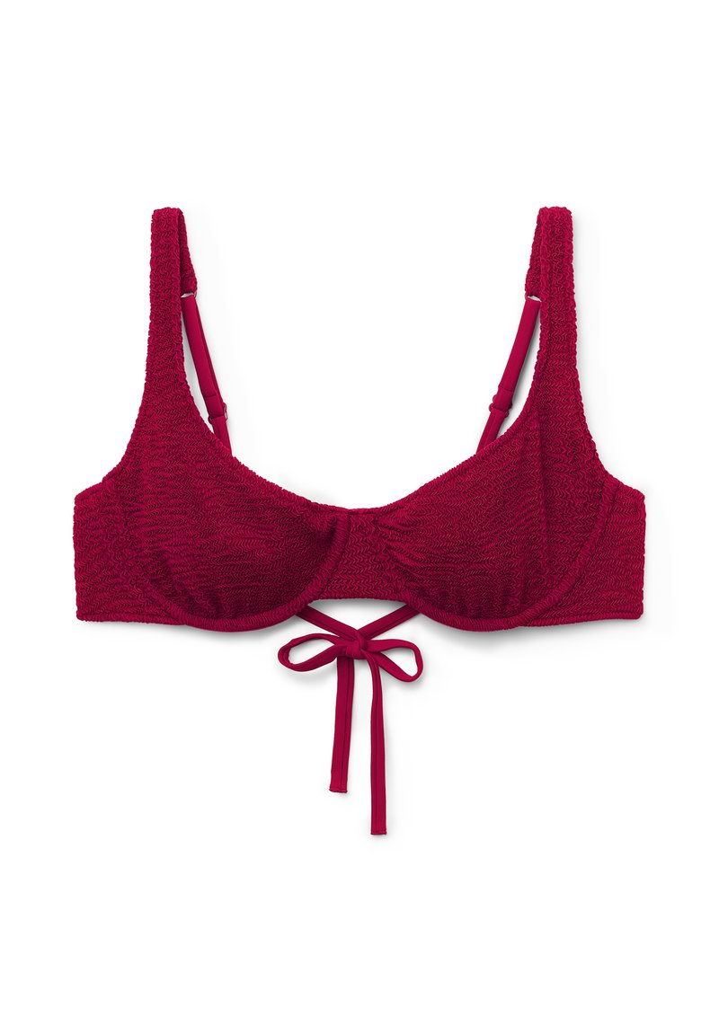 Burgunderfarbener Bikini-Oberteil mit strukturiertem, geripptem Design. Verfügt über breite Träger und eine vordere Schleife zum Verstellen der Passform.
