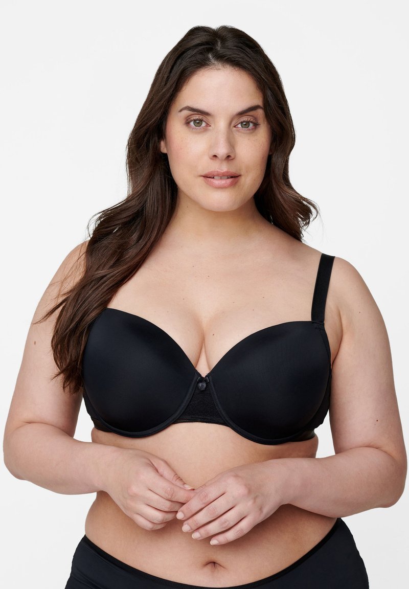 Black padded bra with contoured cups, adjustable straps, and a lace band. Features a central hook closure and smooth fabric texture.