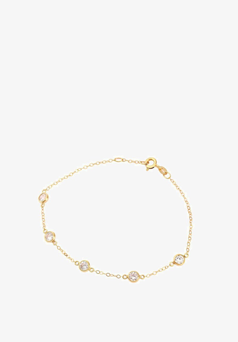 Kuldne käevõru, millel on viis ühtlaselt jaotatud ümmargust selget kivi õrna ahela jooksul. Nähtav homaariklamber.