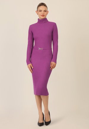 Lila geripptes Kleid mit langen Ärmeln und hohem Kragen. Das Kleid hat eine figurbetonte Silhouette und einen schmalen Gürtel mit einer silbernen Schnalle. Schwarze High Heels.
