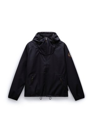 Black windbreaker jacket with a hood, zippered front, two side pockets, adjustable drawcords at hem and hood, and contrasting stitching details.