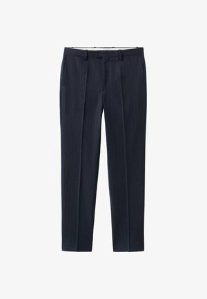 Temno modre hlače z navpičnimi črtami, izdelane iz lahkega blaga, z ravnim prednjim delom, zankami za pas, dvema stranskima žepoma in po meri krojenim krojem.