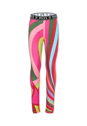 Leggings con audaci righe ondulate multicolori in rosa, verde, rosso, blu e giallo, con fascia vita nera con logo bianco PUCCI.