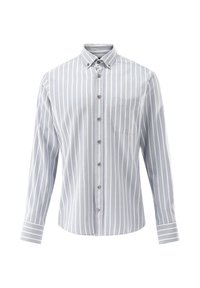 Hellblaues Button-Up-Hemd mit vertikalen weißen Streifen, langen Ärmeln, einer einzelnen Brusttasche und einem Standardkragen mit kontrastierenden Manschetten.