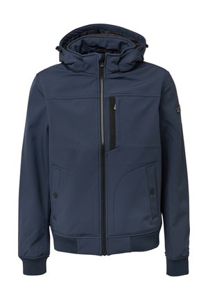 Dunkelblaue Softshell-Jacke mit Reißverschluss, verstellbarer Kapuze, zwei seitlichen Taschen und einer Brusttasche mit kontrastierendem Einsatz.