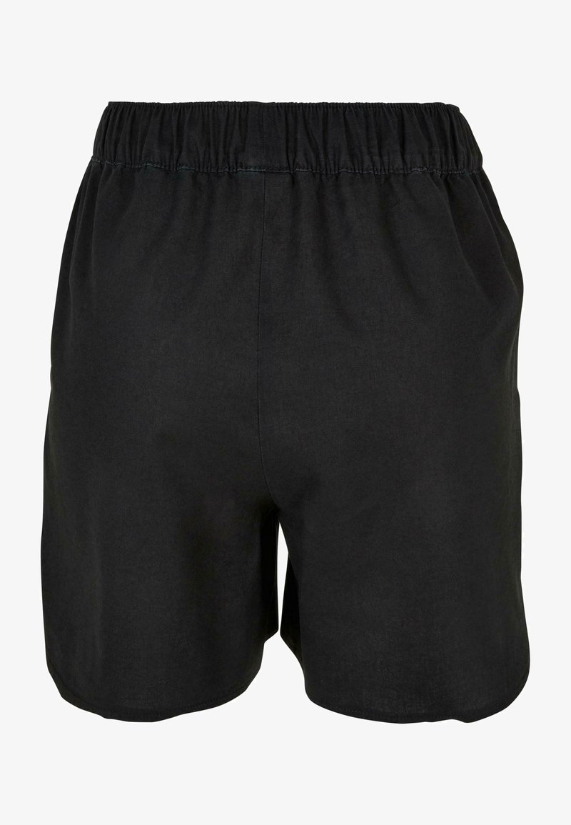 Juodi medvilniniai šortai su elastinga juosmens juosta, pasižymintys lygiu paviršiumi ir paprastu, vientisu dizainu be papildomų dekoracijų.